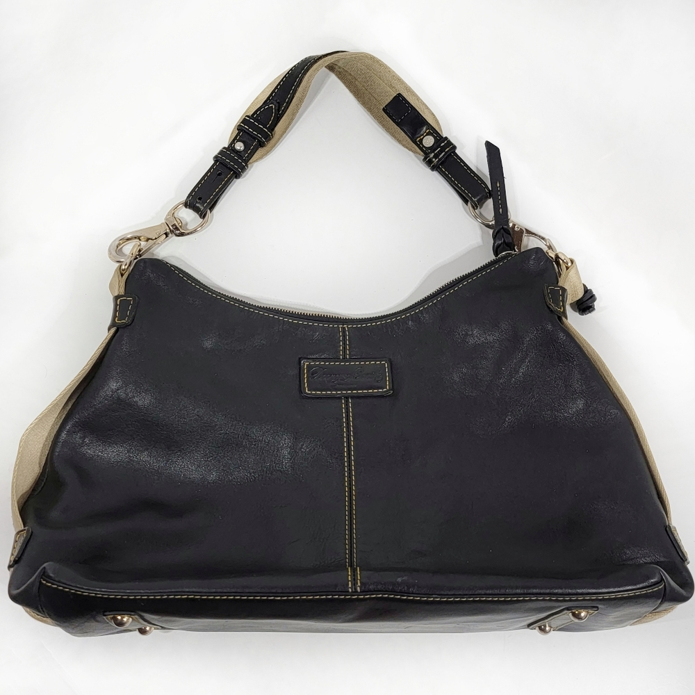 Dooney & Bourke Black Leather Tan Canvas Hobo Bag